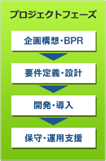 プロジェクトフェーズ　企画構想・BPR→要件定義・設計→開発・導入→保守・運用支援